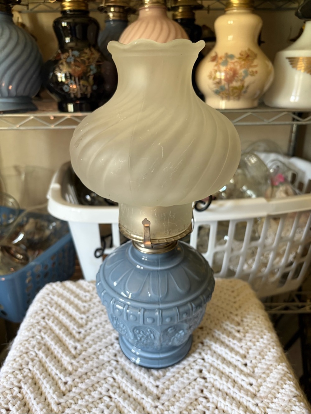 Vintage Style Blue Ceramic Table Lamp with Frosted Glass Shade